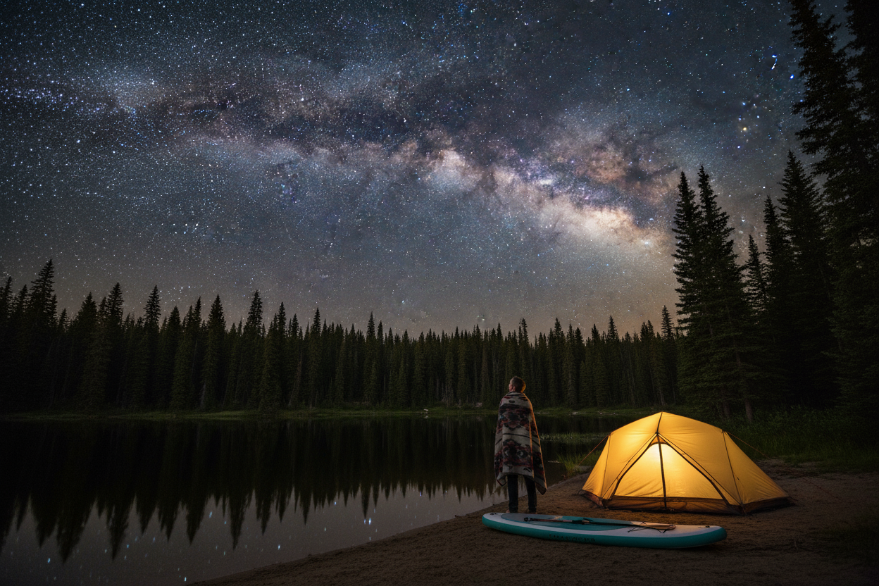 The milky way clear in the sky above a forest where a solitary tent is lit from within with a warm light, pitched in the clearing beside a body of water.  A paddleboard lays near the lapping shoreline and  beside it, from behind, we can see a man standing, wrapped in a blanket, looking up at the stars.